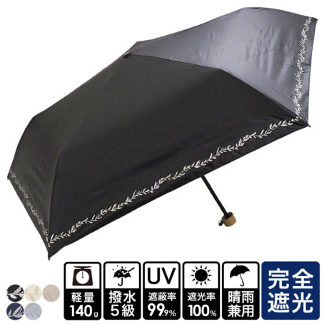 完全遮光 晴雨兼用 超撥水 ブラックコーティング ラメプリント 軽量コンパクトミニ折りたたみ傘 リーフ柄